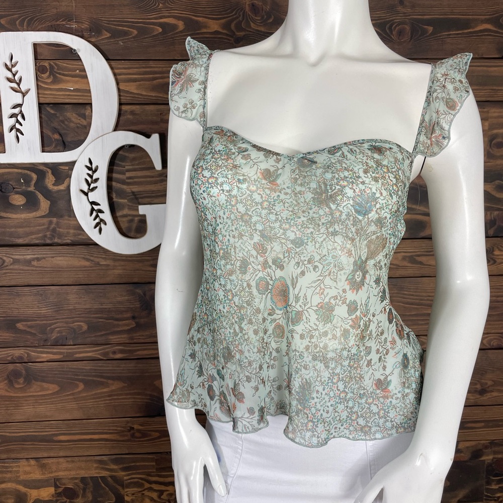 Victoria's Secret | Floral Sheer Peacock Blouse‎ Ruffle Flutter Spaghetti Straps
